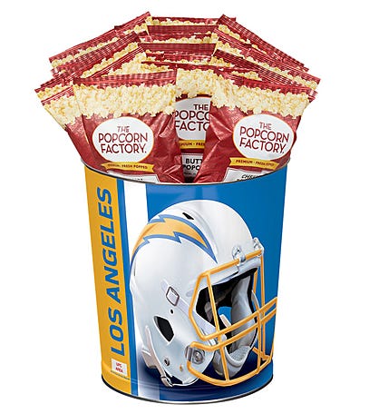Los Angeles Chargers Popcorn Tin with 15 Bags of Popcorn